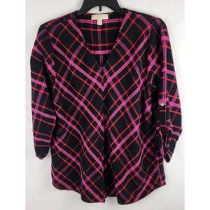Michael Kors Long Sleeve Blouse Top Pink Plaid V-neck Roll Tab Sleeve 1X